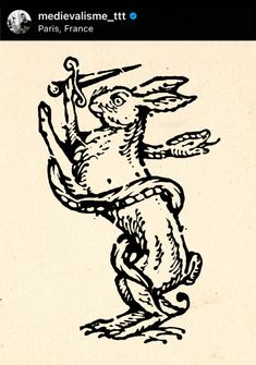 a black and white drawing of a rabbit holding an umbrella in its mouth, with the caption medievalisme - litt fairy france