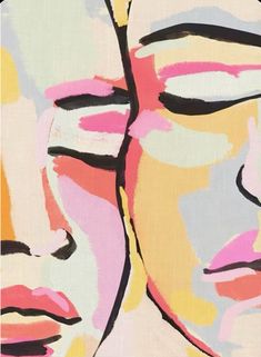 an abstract painting of two women's faces with pink, yellow and blue colors