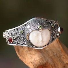 Handmade Cuff Bracelet with Gemstones, Bone, and Silver - Moon Queen | NOVICA Bone Cuff, Gemstone Cuff Bracelet, Earthy Jewelry, Face Jewellery, Cuff Bracelets Handmade, Peridot Stone, Bone Carving, Silver Moon, Deco Jewelry