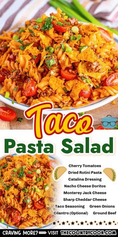 the menu for taco pasta salad is shown