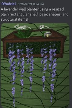 an image of a planter with purple flowers hanging from it