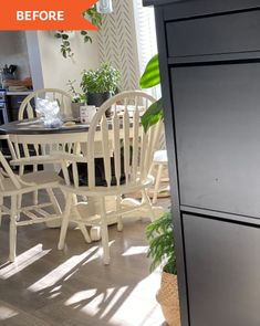 a kitchen table and chairs with an orange sign above it that says, before after