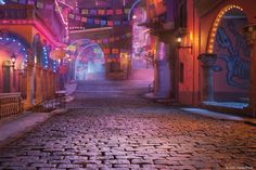 an alley way with lights and decorations on the walls, cobblestone flooring