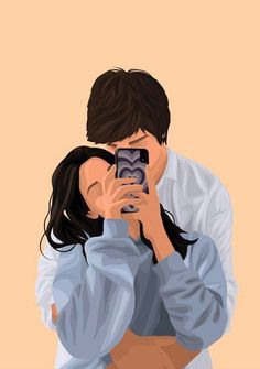 a man and woman taking a selfie with their cell phones