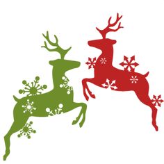 two christmas reindeers with snowflakes on their antlers, one red and the other green