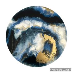 an abstract painting with gold and blue colors in a circular frame on a white background