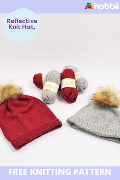 three knitted hats and two balls of yarn with the text free knitting pattern below