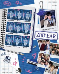 an open notebook with photos and stickers on the cover that says, hanbin unt zbiyear