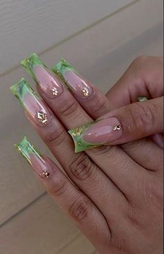 #green #y2k #aesthetic #holiday #nails #y2knails #sagegreen #emeraldgreen #vacation #style #holidaynails Nails With Jewels Rhinestones Simple, Green Nails With Gems, Taurus Birthday Nails, Jade Nails Designs, Classy Acrylic, Nails Extra, Acrylic Toe Nails, Nail Sets