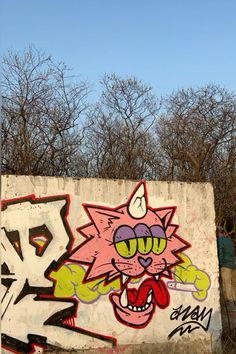 graffiti on the side of a wall with trees in the background