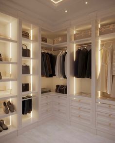 a walk in closet with white shelving and lights on the shelves, all lit up