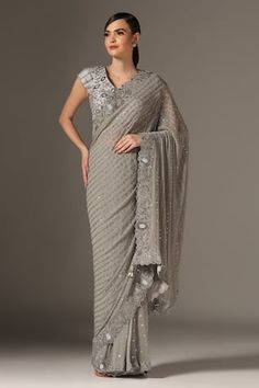 Grey saree with cutdana and sequin embroidered stripe patterns. Comes with matching padded blouse. - Aza Fashions Grey Saree, Padded Blouse, Embroidered Saree, Blouse For Women, Saree With Blouse, Embroidered Silk, Raw Silk, Aza Fashion, Stripes Pattern