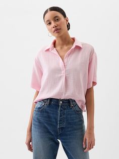 Relaxed Gauze Popover Top Short Sleeve Shirt Outfit, Outfits For Mom, Sleeve Shirt Outfit, Pink Short Sleeve Shirt, Mom Belly, Johnny Collar, Women Shirt Top, Mom Outfits, Pink Shorts