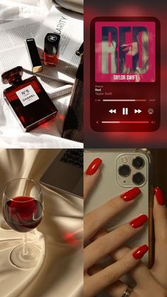 red nail polish and accessories on display in three different pictures, including a glass of wine