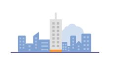 a city skyline with buildings and clouds in the background, flat style illustration on white paper