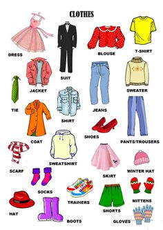 an image of clothes and shoes that are labeled in the english language on a white background