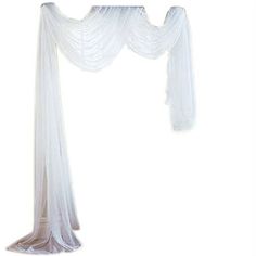 a white wedding arch with sheer drapes on the top and bottom, in front of a white background