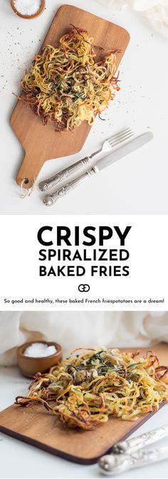 crispy sprinkled baked fries on a cutting board with spoons and fork