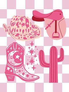 pink cowboy hats and boots on a checkered background with stars, cactus, and cheetah