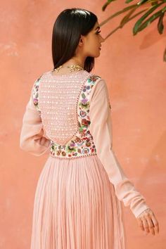 Shop for Aman Takyar Pink Georgette Embroidered Anarkali And Pant for Women Online at Aza Fashions V Neck Anarkali, Dress With Pants, Luxury Pret, Embroidered Anarkali, Pant For Women, Pink Tunic, Aari Embroidery, Embroidered Pants, Gathered Dress