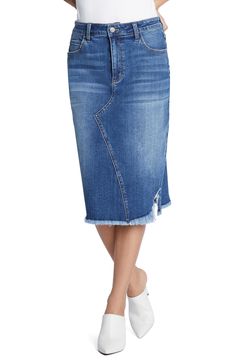 Soft denim with a hint of stretch is crafted into this versatile midi-length skirt finished with a feathery fringed hem. 96% cotton, 3% polyester, 1% spandex Machine wash, tumble dry Imported Pencil Midi Skirt, Beach Blue, Denim Maxi, Denim Maxi Skirt, Midi Length Skirts, Denim Midi Skirt, Gap Denim, Free Fabric, The Gap