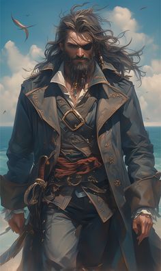 a painting of a man with long hair and beard standing in front of the ocean