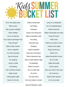 kids'summer bucket list with words and pictures to help them learn how to use it