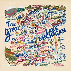 a map of the great lakes of michigan is shown in multicolored letters and numbers