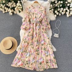 Elegant Women Floral Pleated Puff Sleeve Chiffon Mixi Dresses With Bel – chirrupday Pleated Long Dress, Casual College Outfits, Women Tie, Bohemian Women, Cottagecore Dress, Trendy Fashion Outfits, Pleated Maxi, Dress Boho