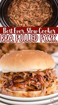 bbq pulled pork sandwich on a plate next to a slow cooker