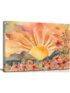 an abstract painting of the sun setting over mountains with flowers on it's sides