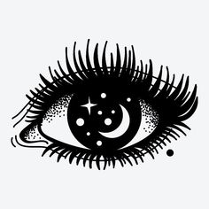 an eye with the moon and stars on it's iris, drawn in black ink