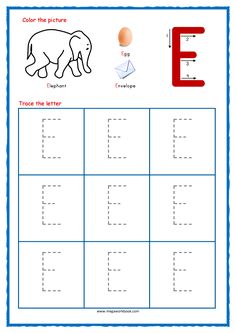 the letter e worksheet for children to practice their handwriting and writing skills with an elephant