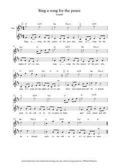 sheet music with the words, sing a song for the peace