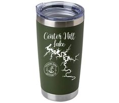 a green and white tumbler cup with the words center is all lake on it