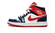 The Women’s Air Jordan 1 Mid “Patent Leather Navy/White/Red” is a women’s version of the retro basketball shoe that shows appreciation for the 1992 Dream Team.  Loosely referencing the basketball team that Michael Jordan won Olympic Gold with in the ‘90s, the “Patent Leather Navy/White/Red” or “Champs Colors,” as the shoe has also been referred to as, is a patriotic look for the mid-top edition of Jordan’s first signature shoe.  Glossy Midnight Navy leather detailing can be found on the forefoot Womens Air Jordan 1, 70s Converse, Wmns Air Jordan 1, Nike X Travis Scott, Converse Run Star Hike, Retro Basketball Shoes, Low Air Jordan 1, Retro Basketball, Leather Detailing