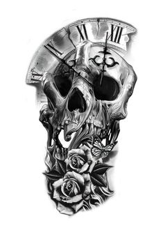 a black and white drawing of a skull with roses on it's side, next to a clock