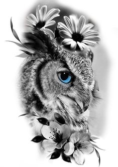 an owl with blue eyes and flowers on its head is shown in black and white