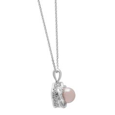 Elegant and versatile, this freshwater cultured pearl and diamond accent pendant dazzles in sterling silver. One round pink freshwater cultured pearl sits at the center, surrounded by sparkling petals formed by 10 round single cut diamonds. This beautiful pendant hangs elegantly from a matching 18-inch cable chain in sterling silver. | Pink Freshwater Cultured Pearl & Diamond Accent Pendant Necklace | Sterling Silver | White | Size 18" | Helzberg Diamonds Formal Pearl Pendant Jewelry For Mother's Day, Elegant Pink Pearl Charm Jewelry, Feminine Silver Jewelry With Pearl Charm, Elegant Pink Pearl Gemstone Necklace, Feminine Silver Jewelry With Pearl Pendant, Feminine Silver Pearl Jewelry, Feminine Formal Jewelry With Pearl Pendant, Formal Feminine Jewelry With Pearl Pendant, Feminine Sterling Silver Pearl Drop Jewelry