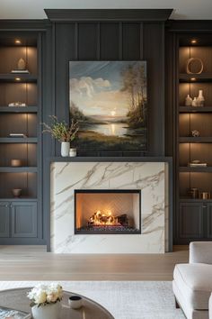 shiplap wall idea for living room Built In Shelves Living Room Slanted Ceiling, Electric Fireplace Formal Living Room, Build Ins Around Fireplace, Black Built In Fireplace And Tv, Fireplace Up To Ceiling, Wall Radiators Living Rooms, Fireplace Wood Paneling Wall, Modern Fireplace Vaulted Ceiling, Vertical Wood Fireplace