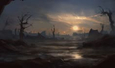 the sun is setting over a swampy area with trees and rocks in the foreground