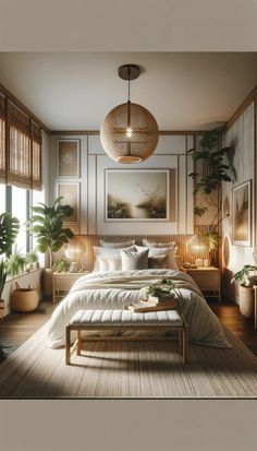 a large bed sitting in the middle of a bedroom next to potted plants and windows