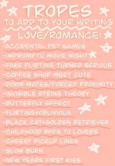 a pink poster with white writing that says trope's to add to your writing love