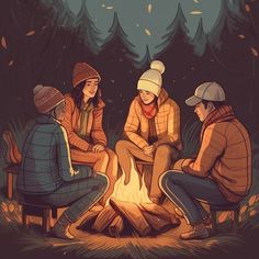 Camping illustration Camping Drawing Reference, Camping Fire Drawing, Friends Around Campfire, Camp Fire Drawing Reference, Campfire Drawing Reference, People Together Illustration, Friends Around A Campfire, People Sitting Around Campfire