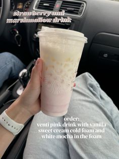 a person holding up a pink drink in their hand with the caption'order venti pink drink with vanilla sweet cream cold foam and white mocha in the foam