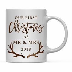 a white coffee mug with the words our first christmas as mr and mrs