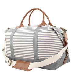 "Beautifully monogrammed weekender bag is perfect for overnight travel or for a carry on bag. Our weekender travel overnight bag features heavy duty 100% canvas cotton with stripes, leather handles and an adjustable shoulder strap. It is a large duffel bag and will become your go to travel bag. This is a large bag with tons of room for anything you need. Extra large and roomy to store everything you need Genuine leather handles Natural canvas Zip closure Two inner pockets 15\" double leather han Carry On Tote, Cute Luggage, Canvas Duffle Bag, Monogram Backpack, Overnight Travel Bag, Leather Duffel Bag, Leather Duffel, Embroidered Monogram, Monogram Tote