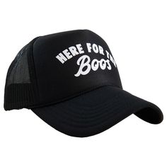 Get ready to bring some spooky fun to your wardrobe with our Here for the Boos Foam Trucker Hat! Available in a variety of colors, this foam hat features a playful twist on the phrase "here for the booze," with "boos" spelled out in glittery print. Perfect for Halloween parties, haunted hayrides, or just embracing the spooky spirit year-round. Grab yours now and get ready for some ghostly good times! 65% cotton, 35% polyester machine wash delicate or hand wash one size fits most adjustable back mesh netting snapback closure Black Halloween Trucker Hat, Funny Black Snapback Baseball Cap, Black Snapback Cap For Halloween, Fun Black Halloween Hat, Novelty Black Snapback Hat One Size, Black Snapback Trucker Hat For Halloween, Black Adjustable Baseball Cap For Halloween, Fun Black Snapback Hat, Fun Black Trucker Hat With Curved Brim