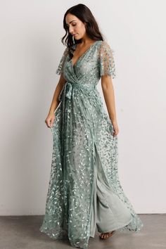 Our Marseille Embossed Maxi Dress is a one-of-a-kind dress that's perfect for special occasions! It features gorgeous vine embossed organza. Eucalyptus Color, Lavender Maxi Dress, Organza Material, Green Eucalyptus, Baltic Born, Elopement Dress, Surplice Neckline, Vine Design, Nursing Friendly