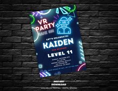 a party flyer on a brick wall with neon lights and confetti in the background